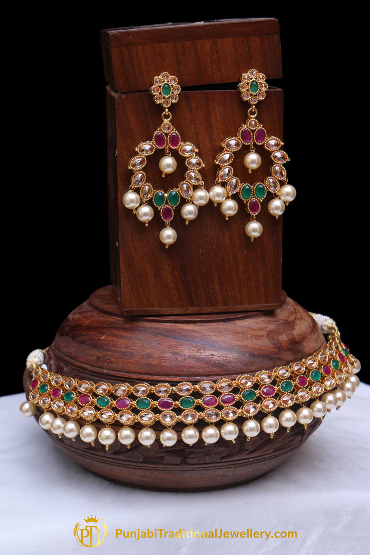 Rubby Panna Polki Pearl Necklace Set By Punjabi Traditional Jewellery