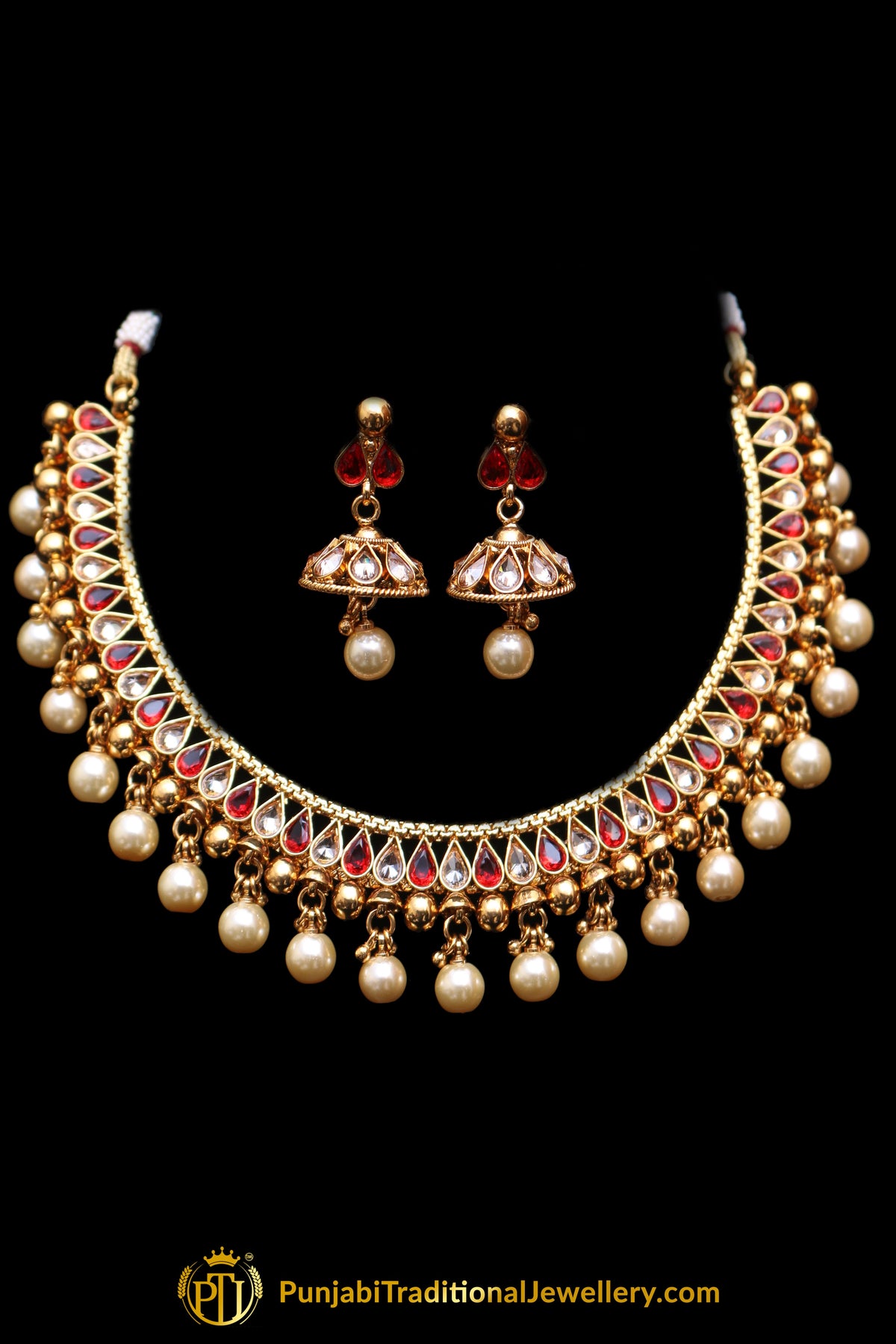 Red Polki Pearl Necklace Set By Punjabi Taditional Jewellery