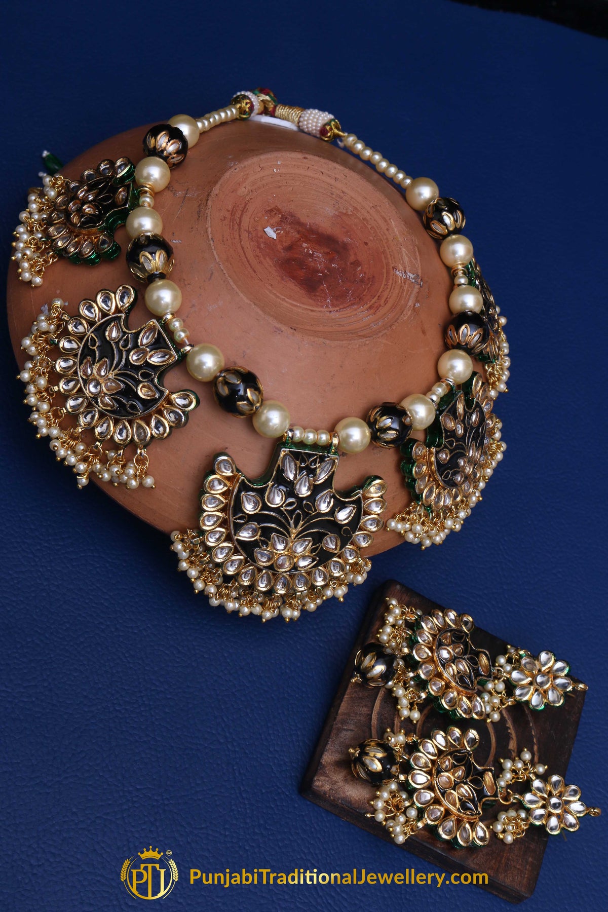 Blue Kundan Mala Meena Necklace Set By Punjabi Traditional Jewellery