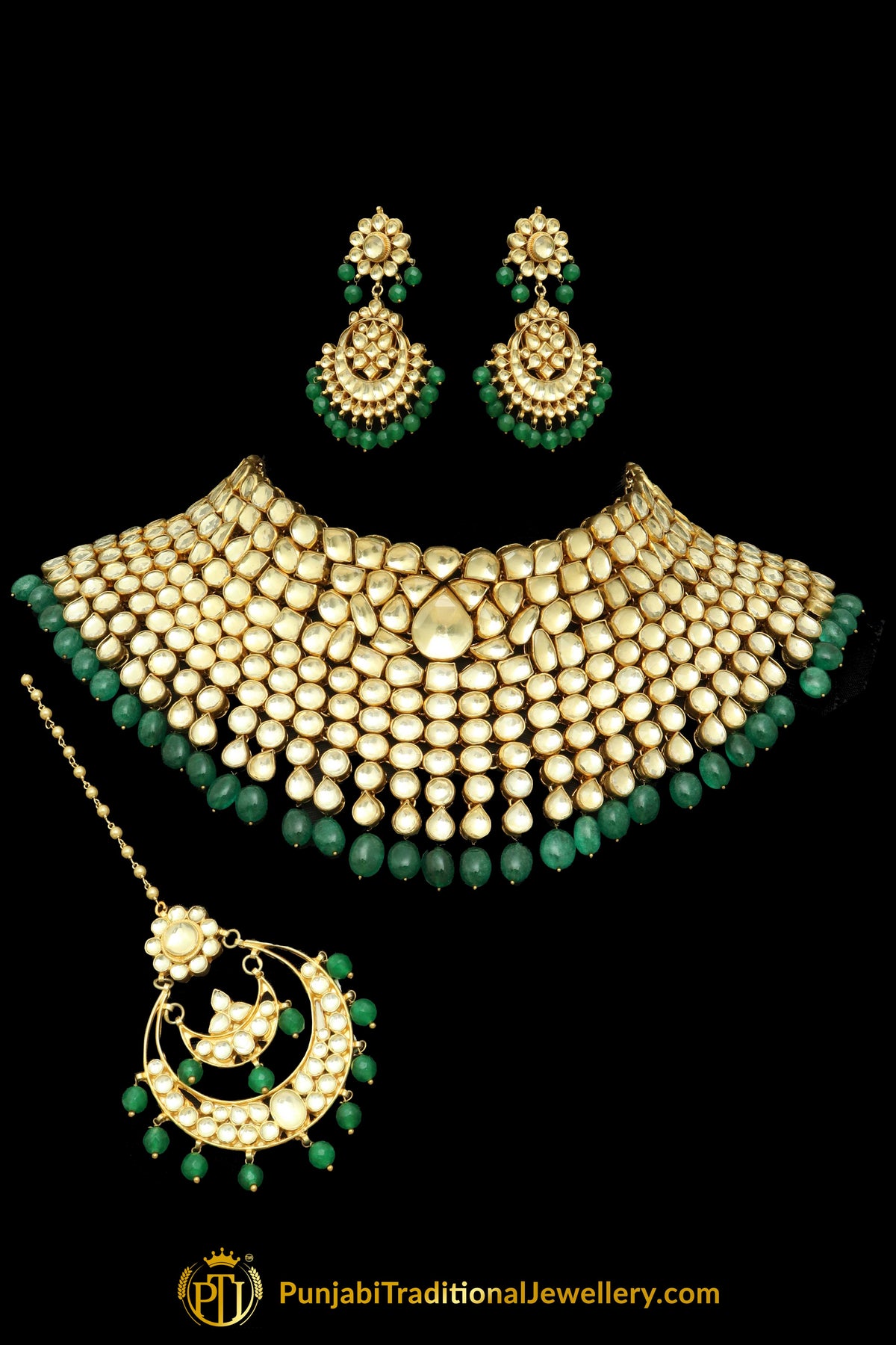 Zehreen Green Kundan Necklace Set | Punjabi Traditional Jewellery Exclusive