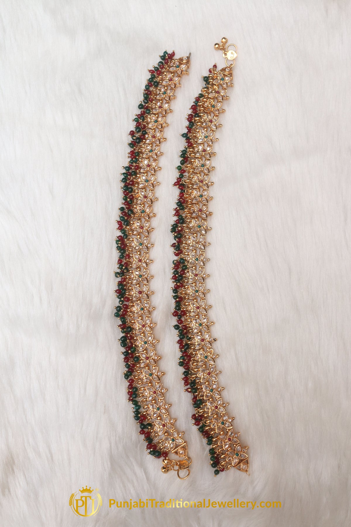 Red &  Green Antique Gold, Polki Payal By Punjabi Traditional Jewellery