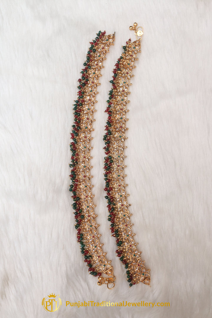 Red &  Green Antique Gold, Polki Payal By Punjabi Traditional Jewellery