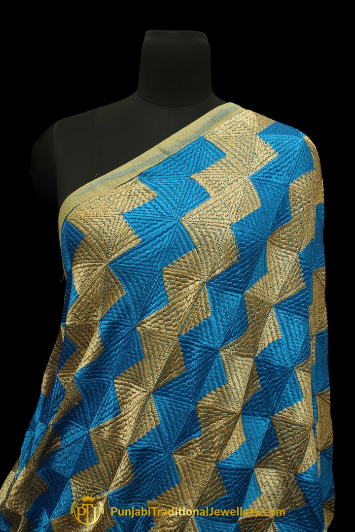 Golden & Blue Color Pure Phulkari Dupatta By Punjabi Traditional Jewellery