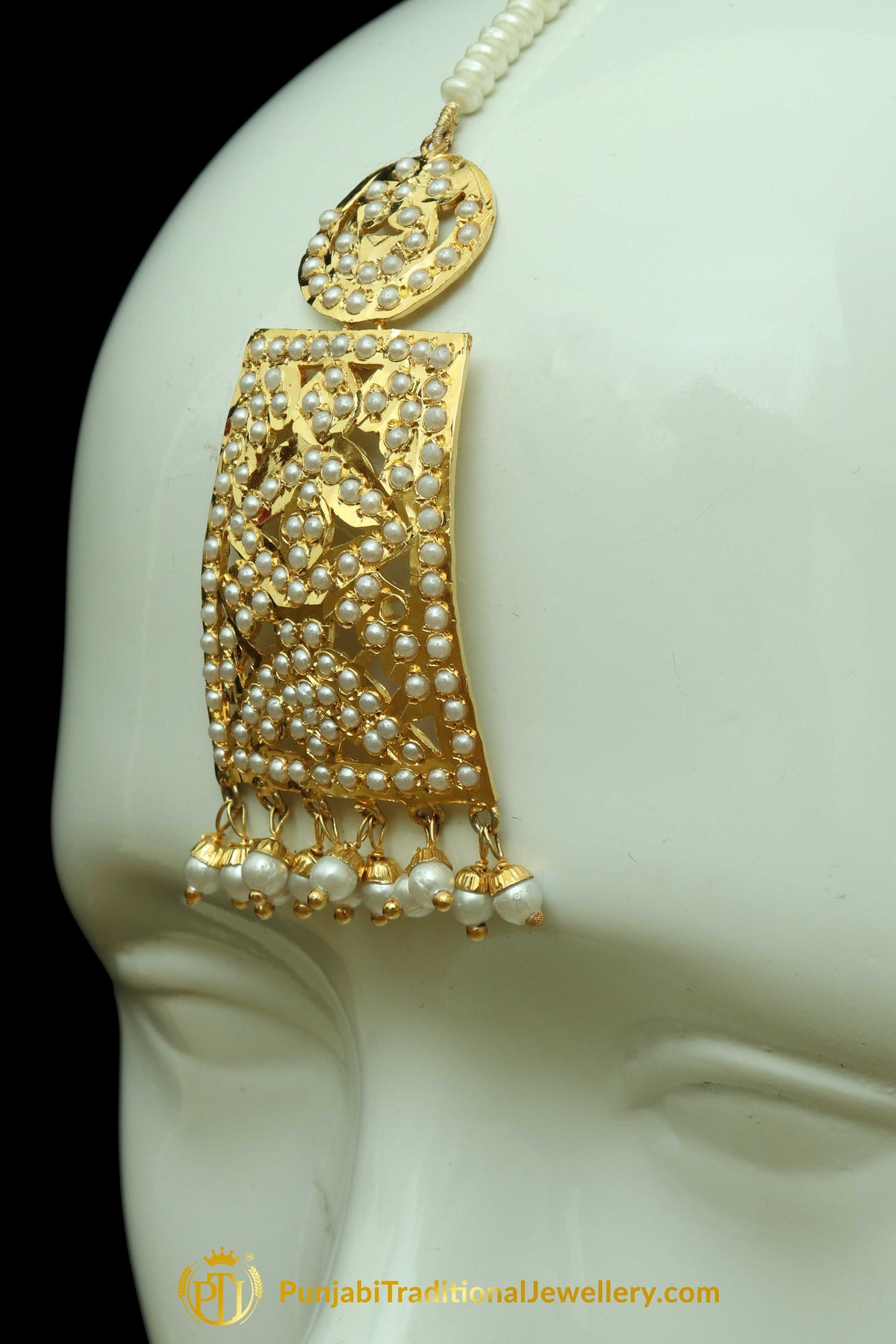 Golden Jadau Pearl Earring Tikka Set By Punjabi Traditional Jewellery