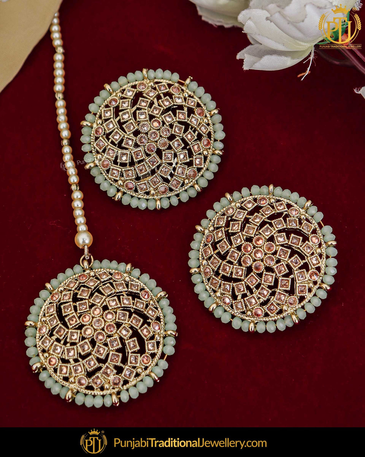 Gold Finished Champagne Stone Stud Earring Tikka Set | Punjabi Traditional Jewellery Exclusive