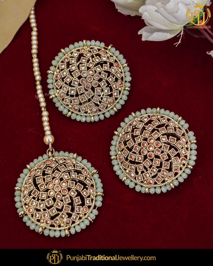 Gold Finished Champagne Stone Stud Earring Tikka Set | Punjabi Traditional Jewellery Exclusive