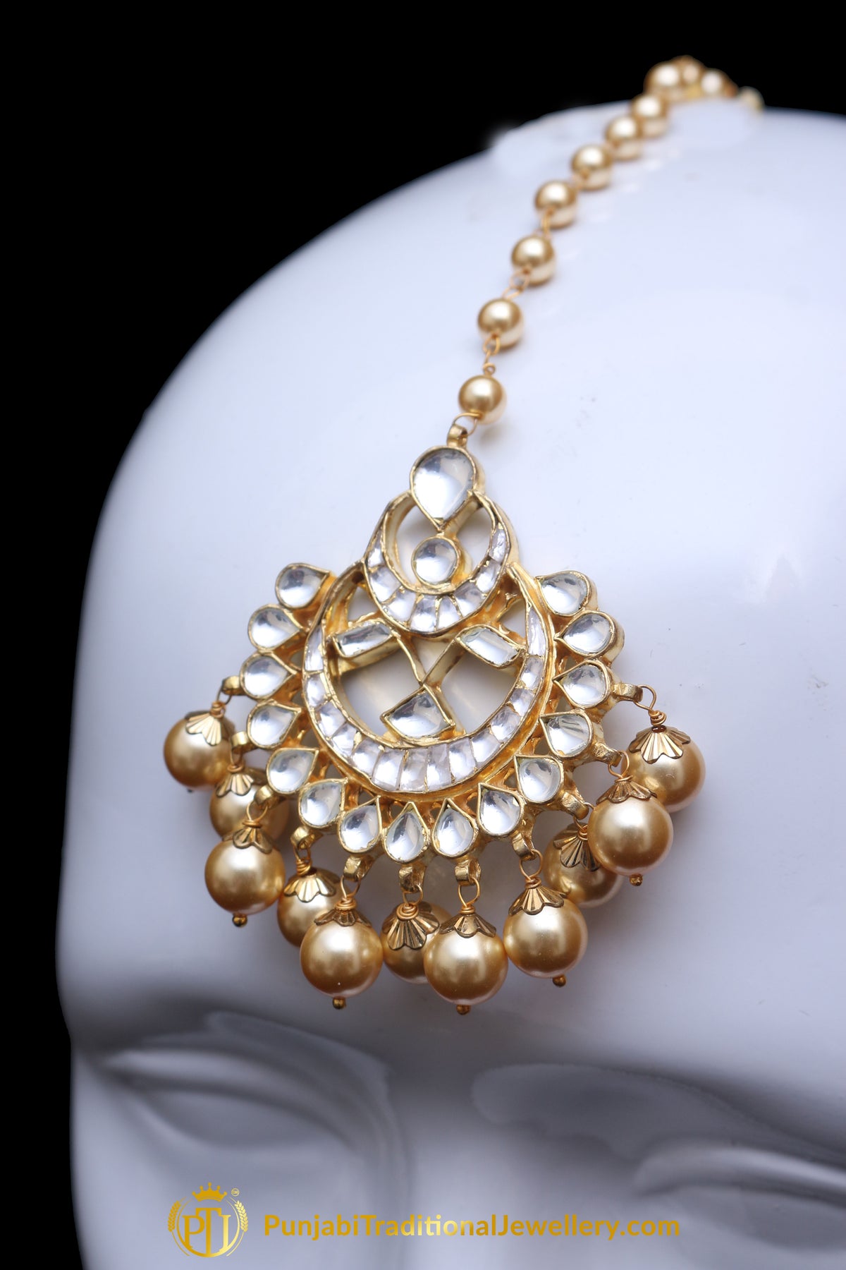 Golden Kundan Pearl Earring Tikka Set By Punjabi Traditional Jewellery