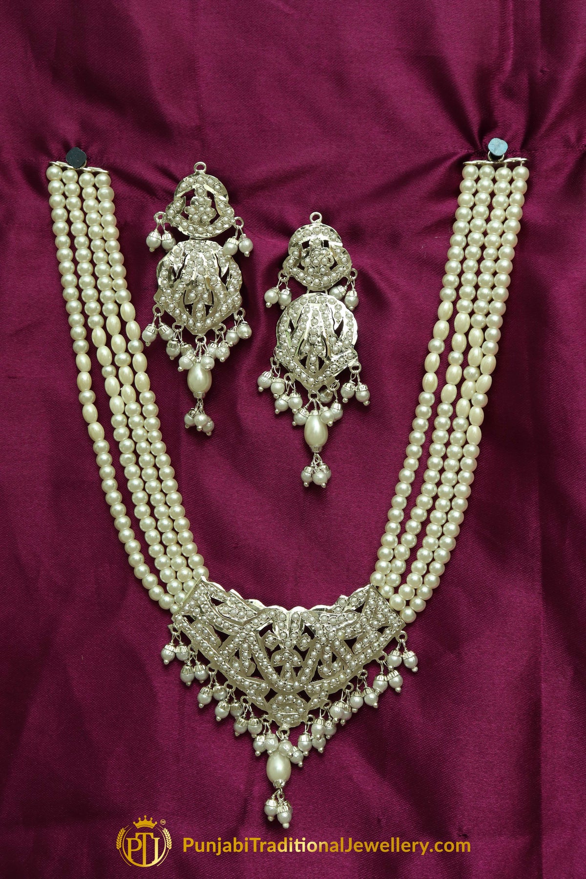 Silver Finished Pearl Jadau Necklace Set By Punjabi Traditional Jewellery