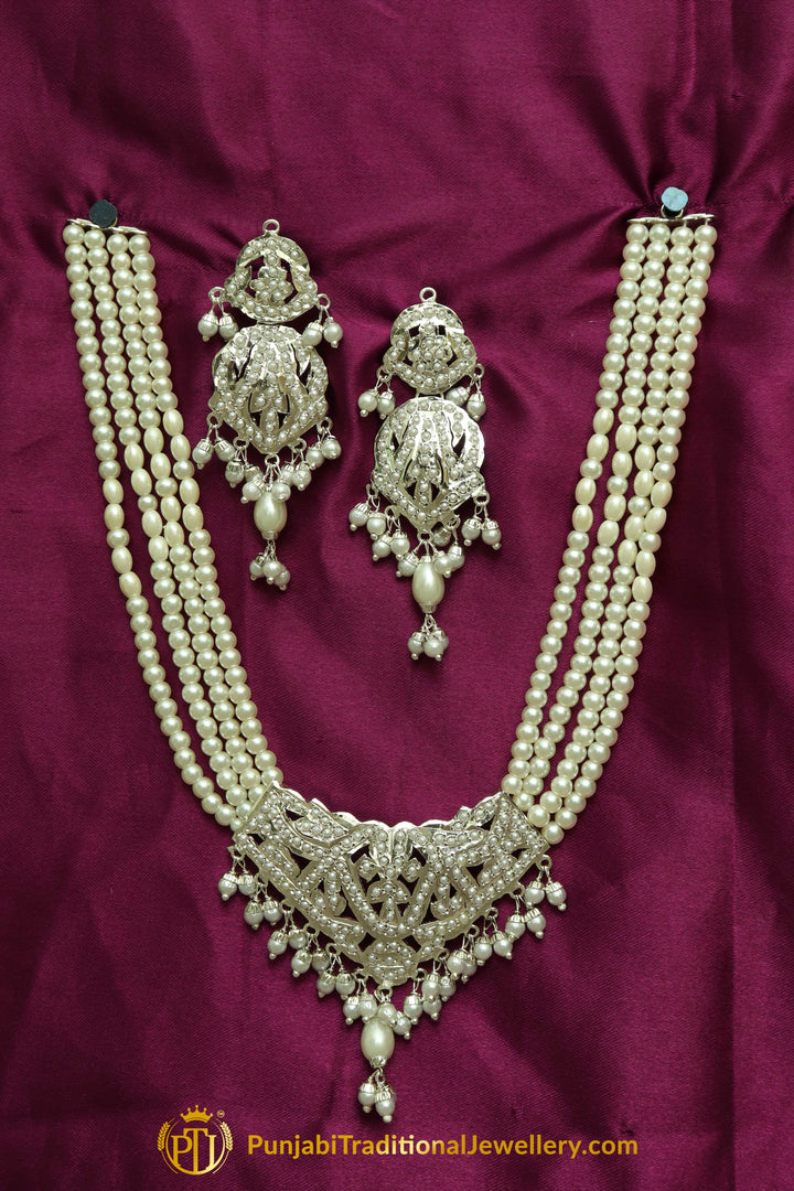 Silver Finished Pearl Jadau Necklace Set By Punjabi Traditional Jewellery