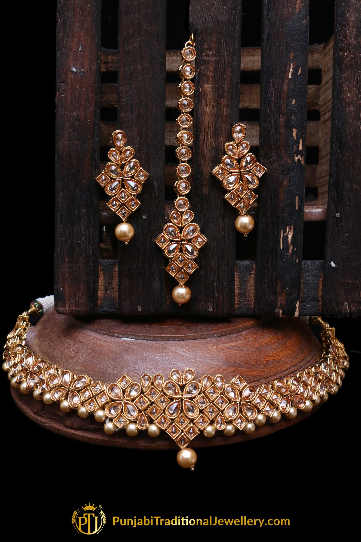 Pearl Champagne Stone Necklace Set By Punjabi Taditional Jewellery