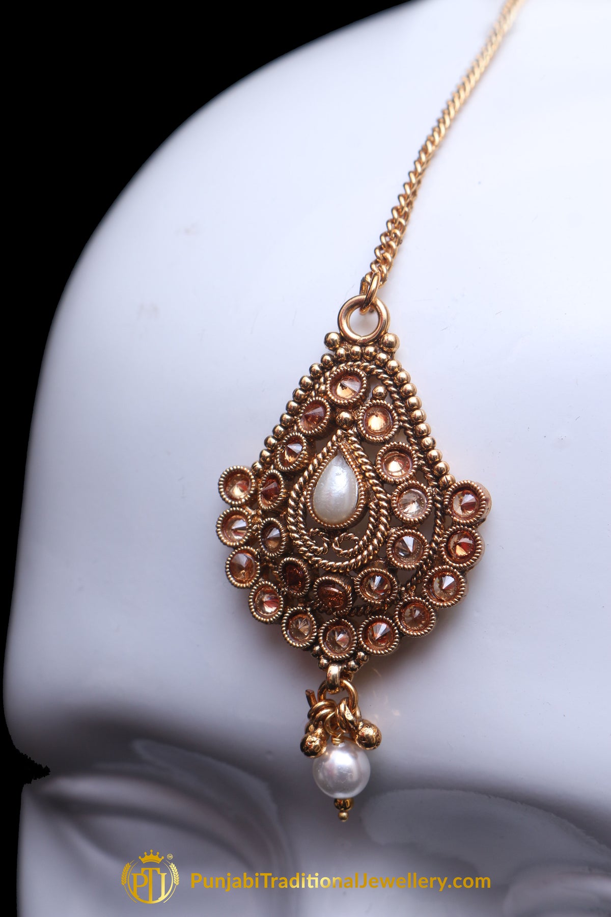 Champagne Stone  Pearl Antique Gold Earring Tikka Set By Punjabi Traditional Jewellery