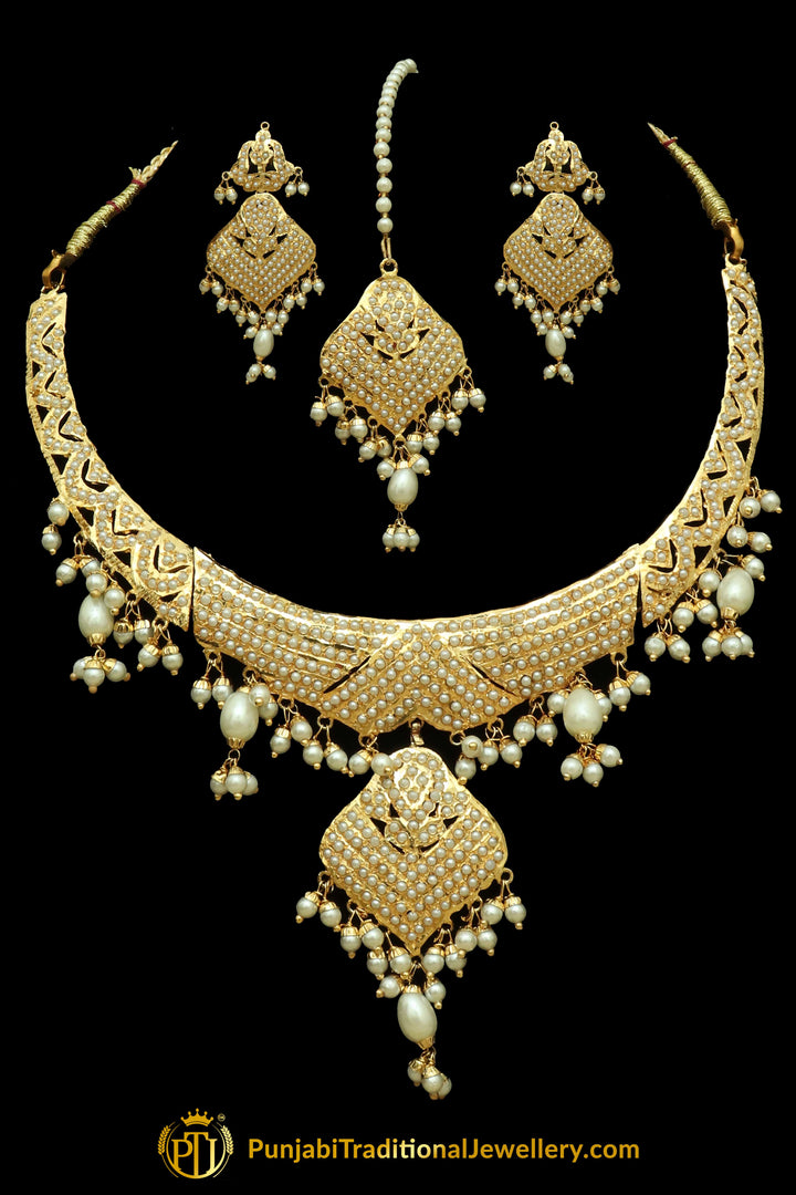 White Jadau Pearl Necklace Set By Punjabi Traditional Jewellery