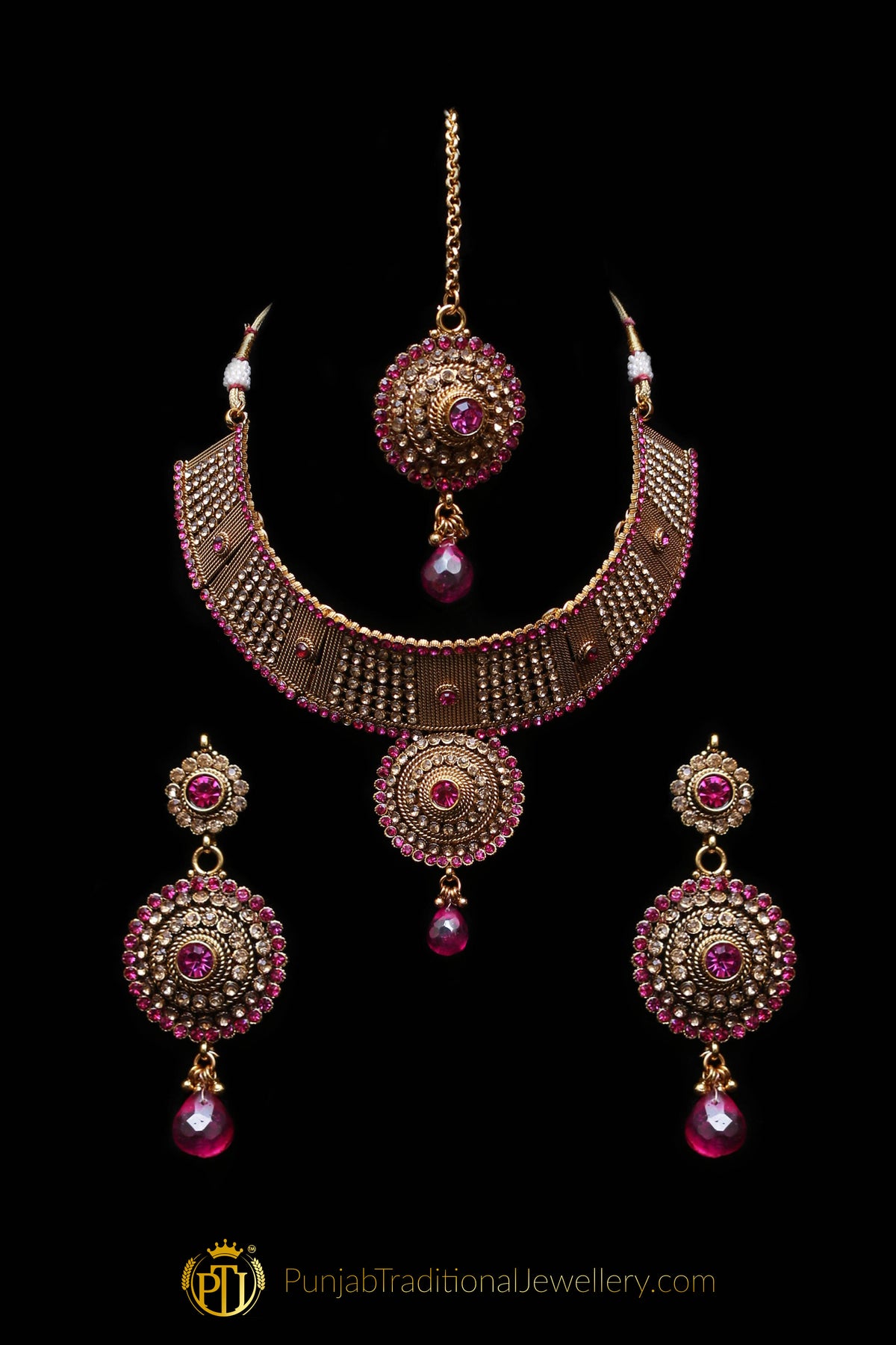 Gold Plated Pink Champagne Stone Choker Necklace Set By Punjabi Traditional Jewellery