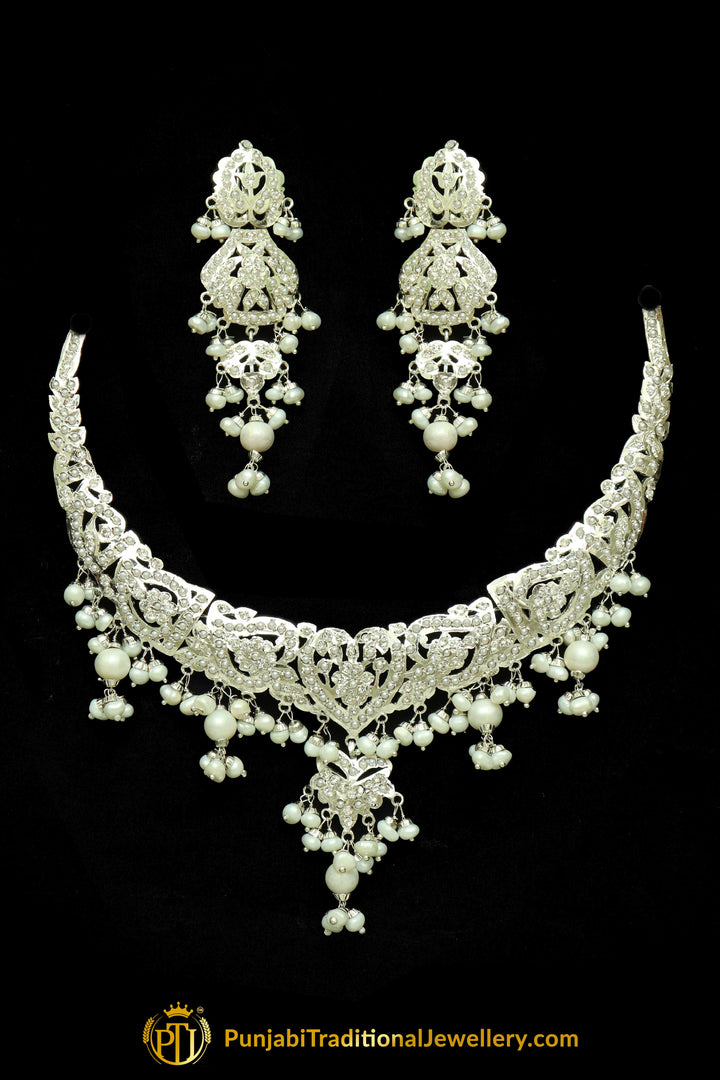 Silver Finished Pearl Jadau Necklace Set By Punjabi Traditional Jewellery