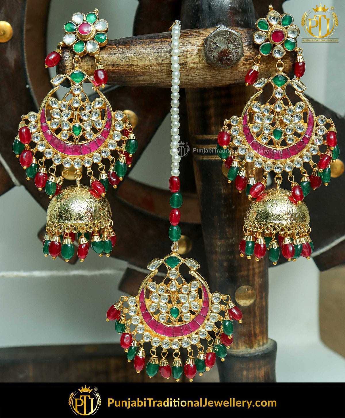Rubby Panna Kundan Pearl Earring Tikka Set | nPunjabi Traditional Jewellery Exclusive