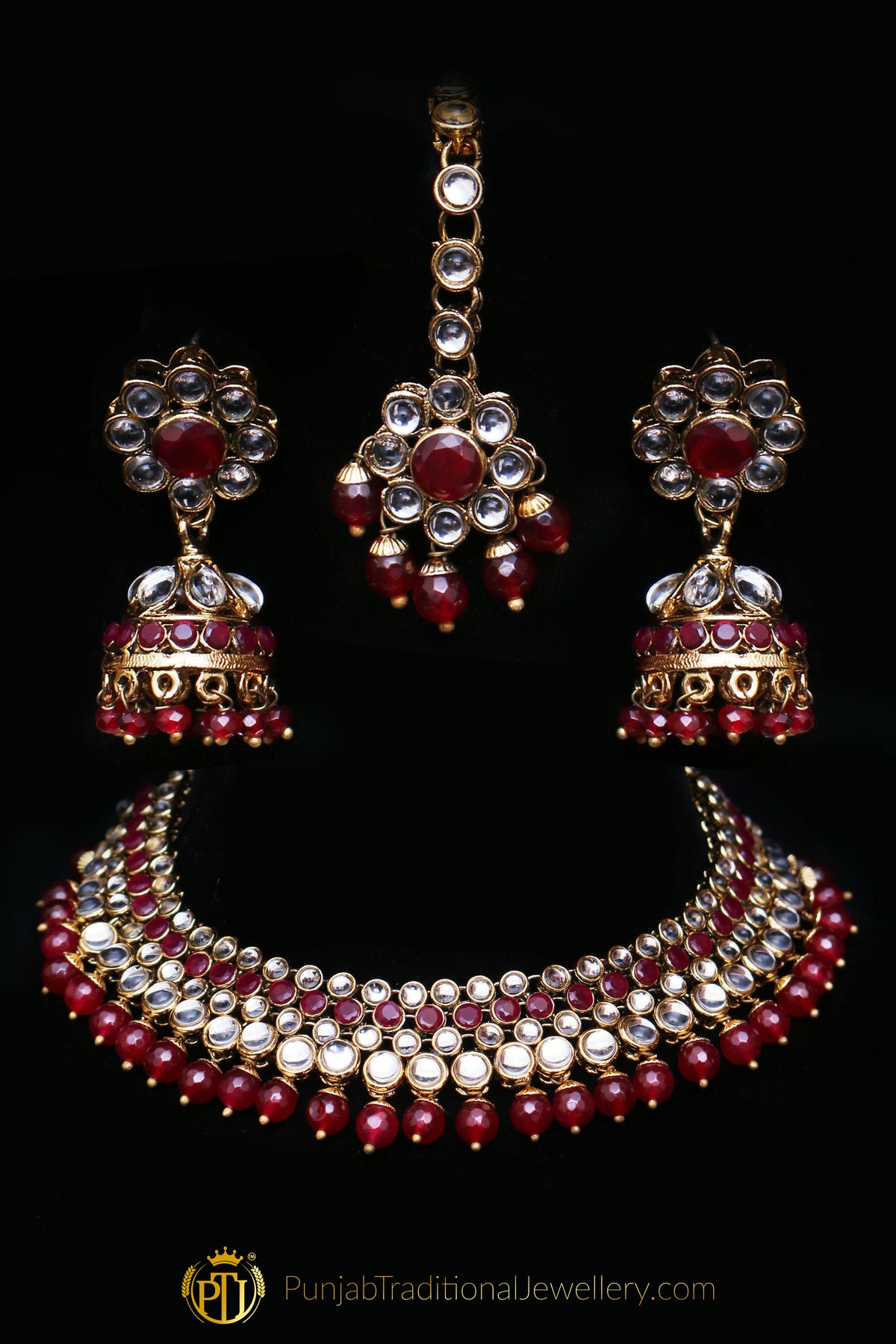 Maroon Kundan Necklace Set By Punjabi Traditional Jewellery