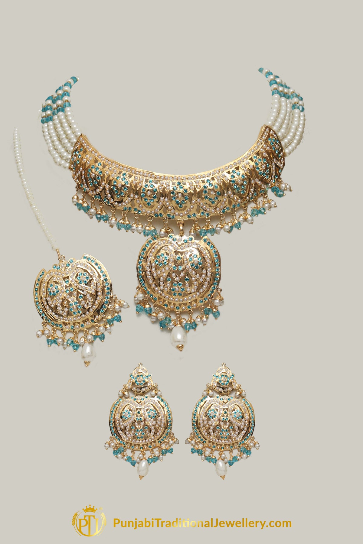 Firozi Pearl Jadau Necklace Set By Punjabi Traditional Jewellery