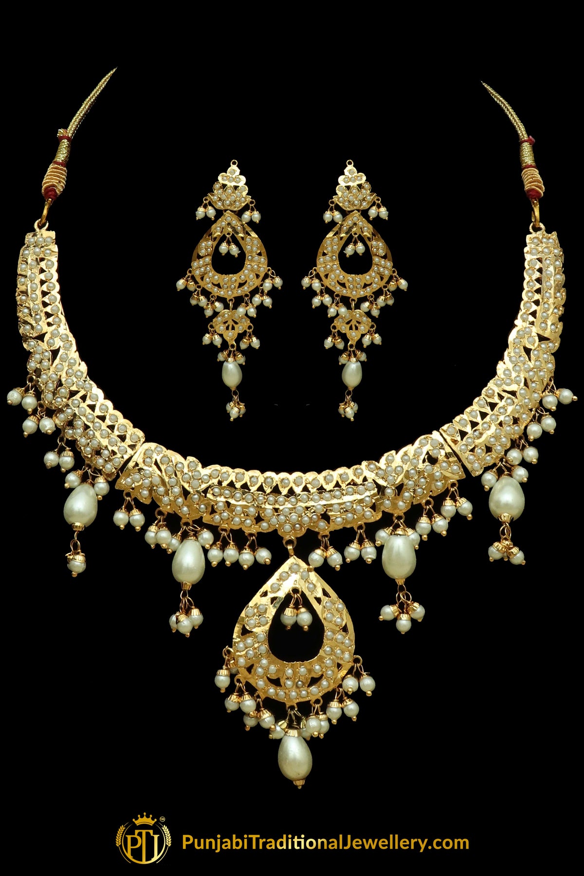 Golden Jadau Pearl Necklace Set By Punjabi Traditional Jewellery