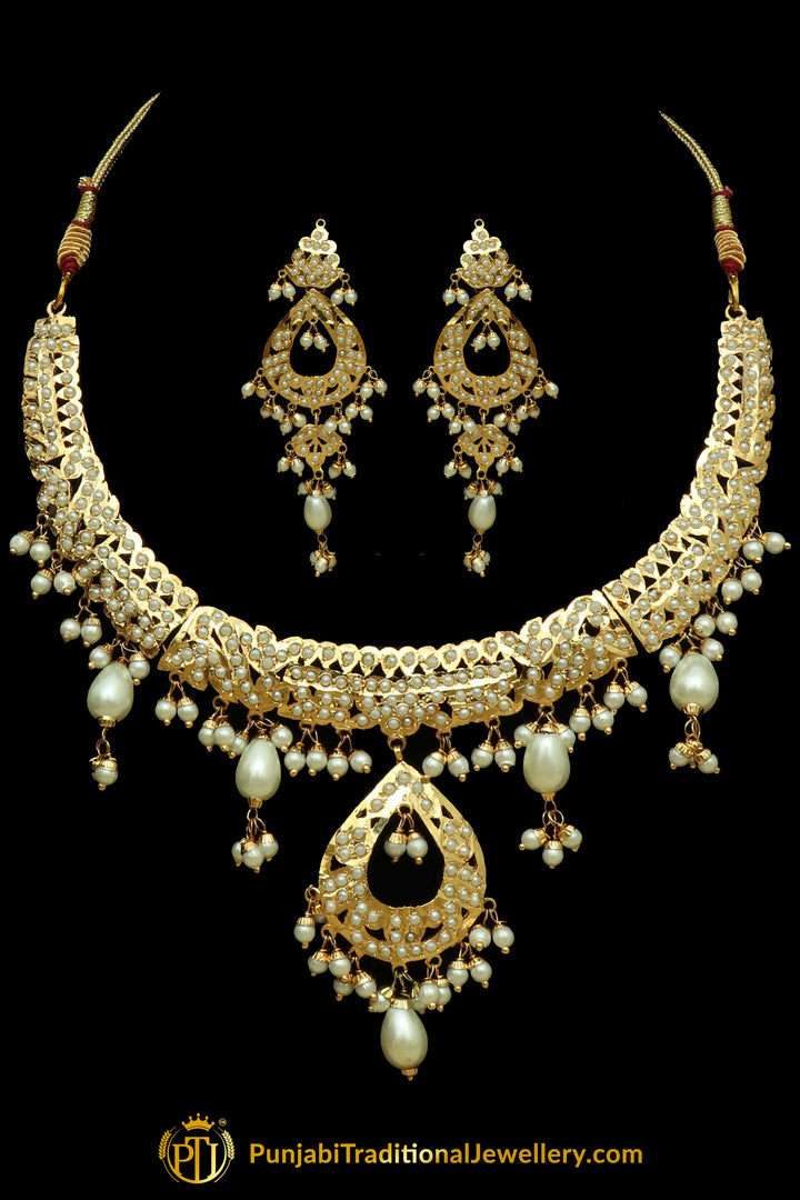 Golden Jadau Pearl Necklace Set By Punjabi Traditional Jewellery