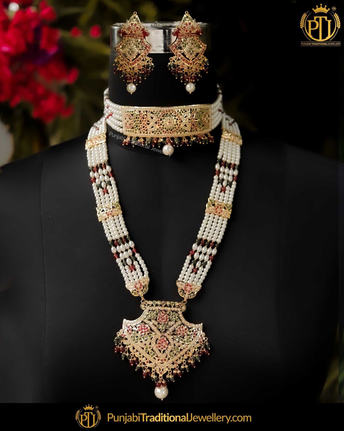 Gold Finished Red and Green Choker & Rani Haar Jadau Necklace Set | Punjabi Traditional Jewellery Exclusive