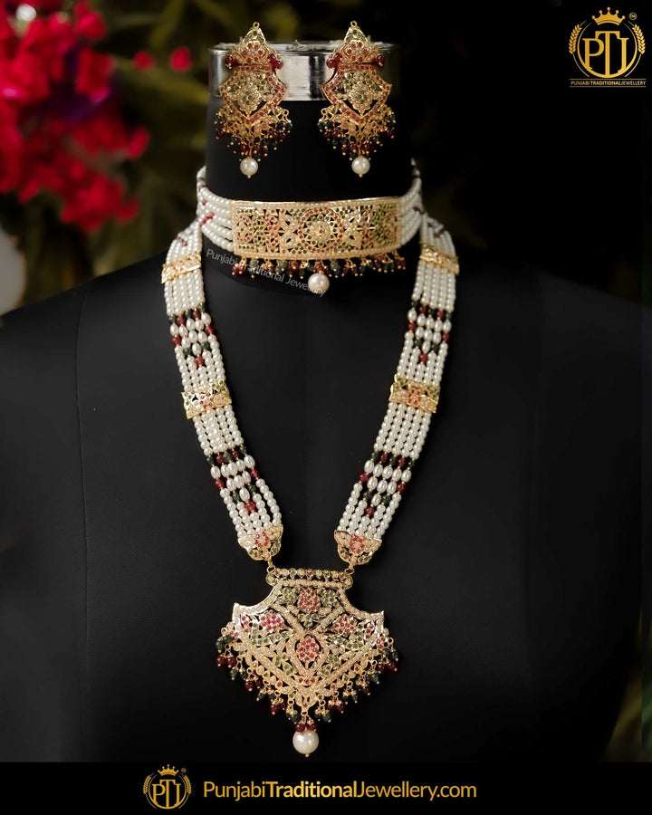 Gold Finished Red and Green Choker & Rani Haar Jadau Necklace Set | Punjabi Traditional Jewellery Exclusive