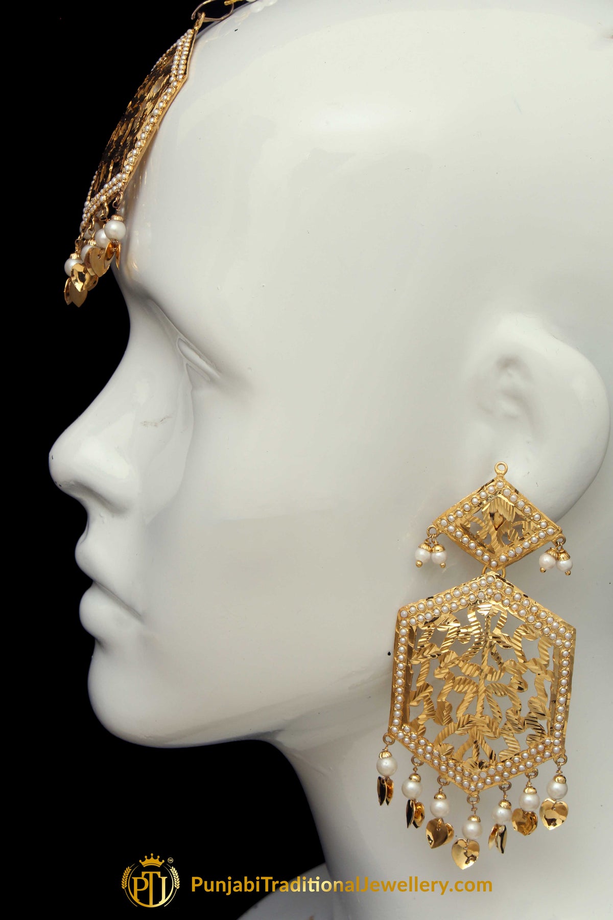 Golden Jadau Pippal Patti Earring Tikka Set By Punjabi Traditional Jewellery