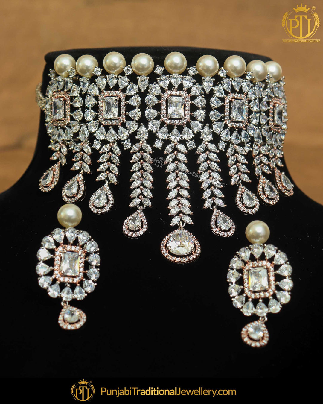 Gold Finished American Diamond Choker Necklace & Stud Earrings | Punjabi Traditional Jewellery Exclusive