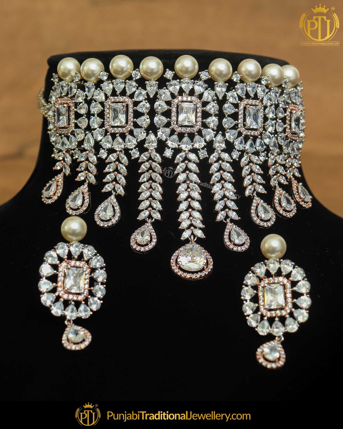 Gold Finished American Diamond Choker Necklace & Stud Earrings | Punjabi Traditional Jewellery Exclusive