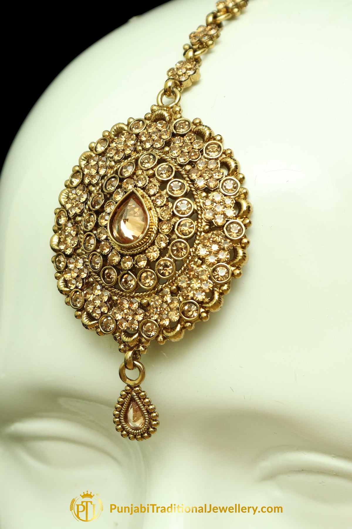 Gold Finished Champagne Stone Earring Tikka Set By Punjabi Traditional Jewellery