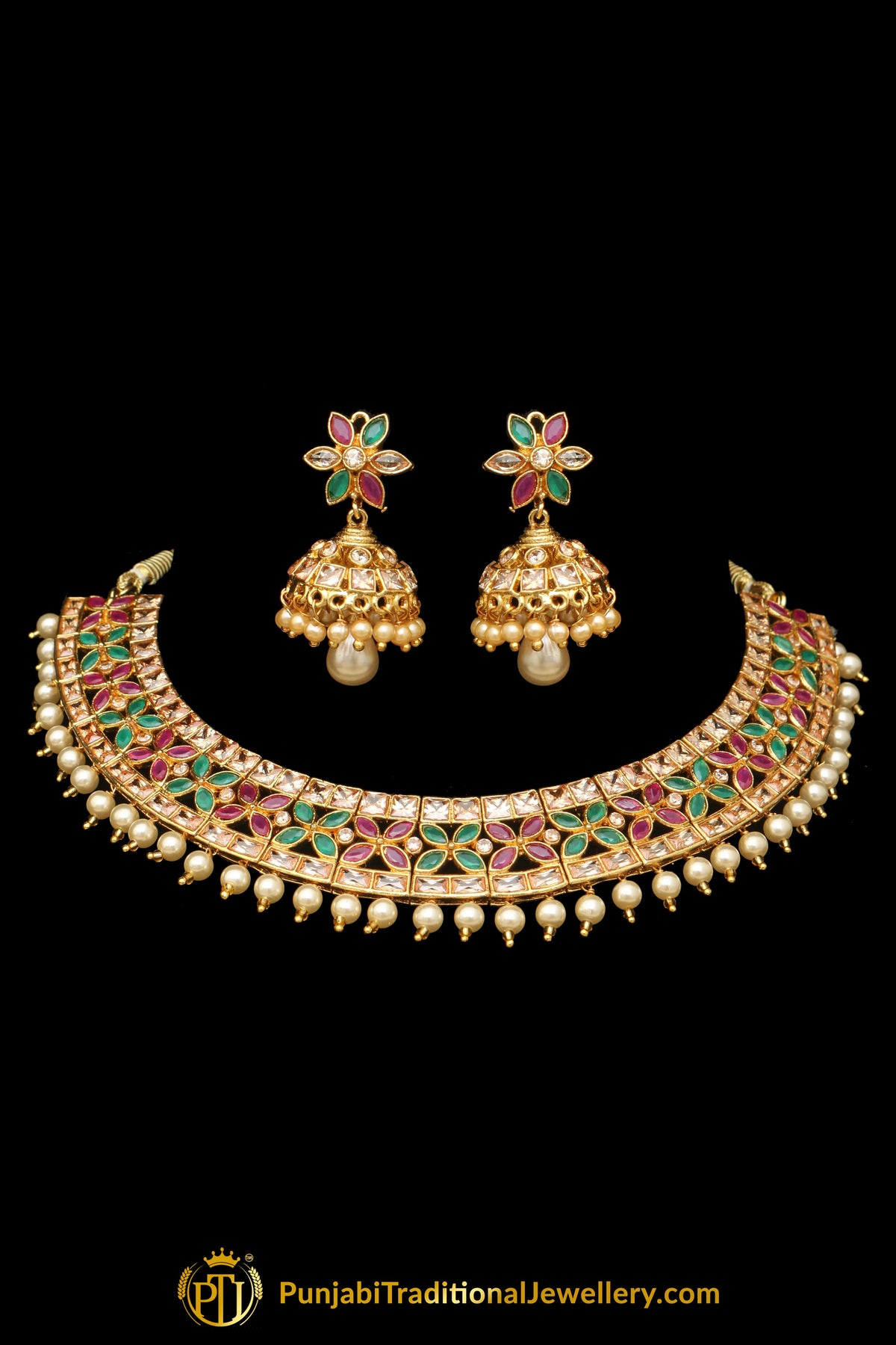 Red & Green Polki Choker Necklace Set By Punjabi Taditional Jewellery
