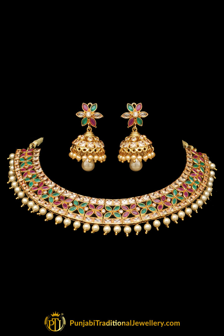 Red & Green Polki Choker Necklace Set By Punjabi Taditional Jewellery