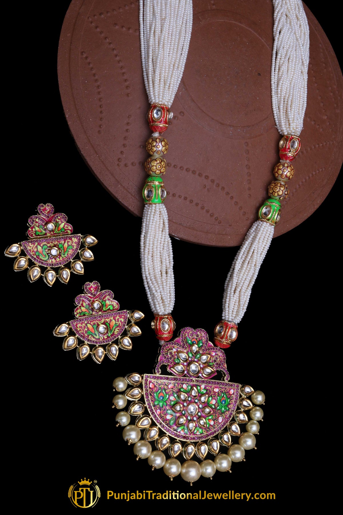 Red Green Kundan Pearl Meena Necklace Set By Punjabi Traditional Jewellery
