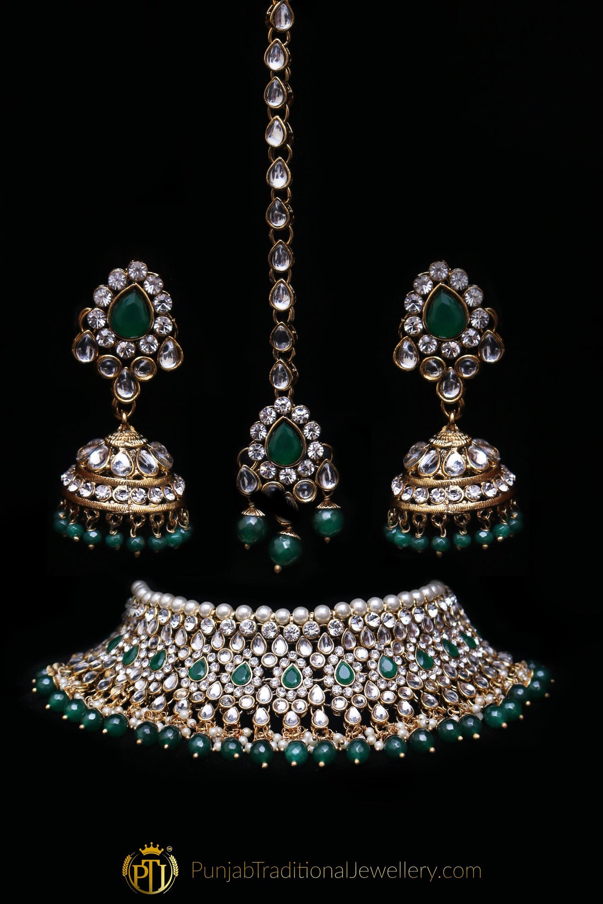 Green Pearl Kundan Choker Necklace Set By Punjabi Traditional Jewellery