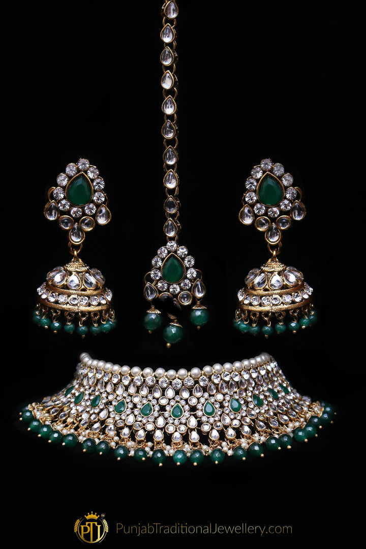 Green Pearl Kundan Choker Necklace Set By Punjabi Traditional Jewellery
