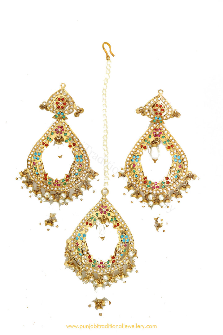 Gold Finished Navratan Jadau Earring Tikka Set By PTJ