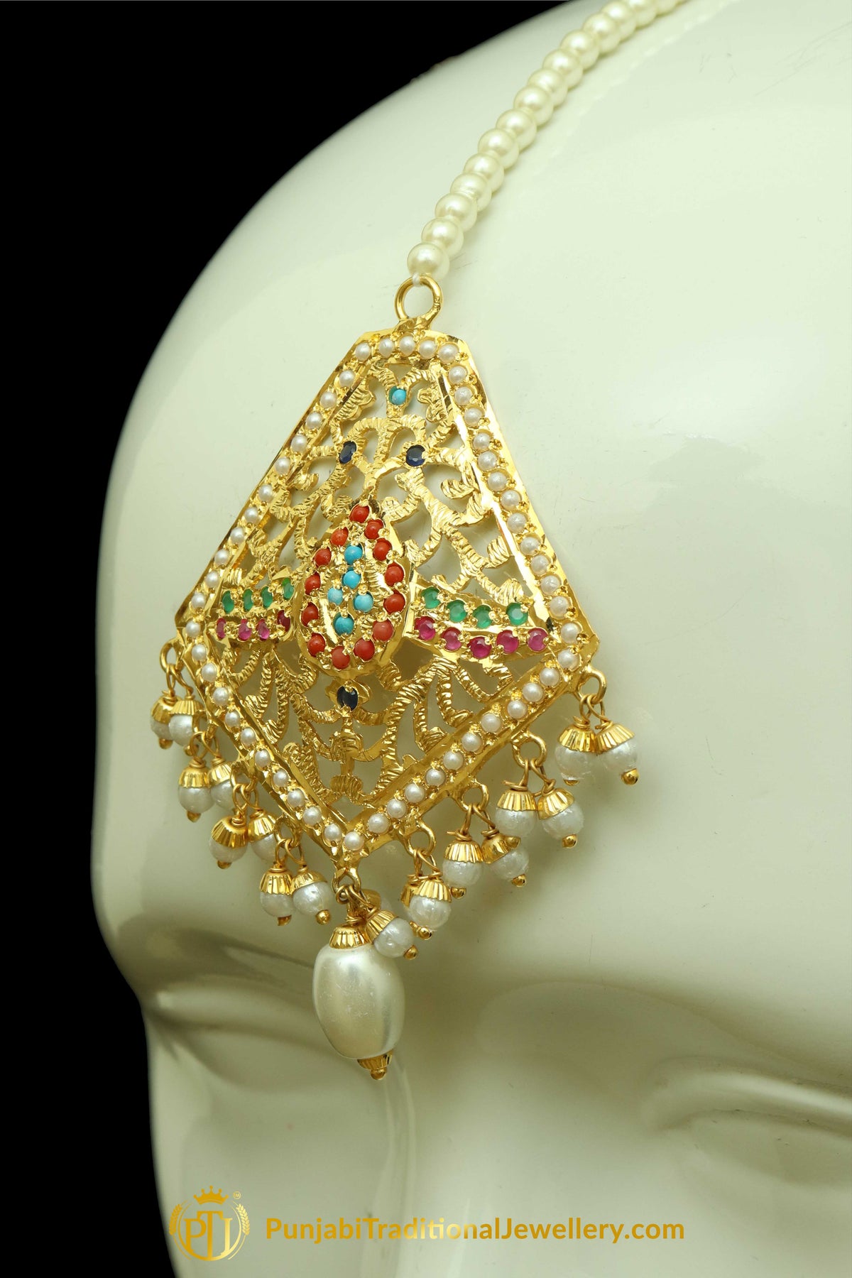 Gold Finished Navratan Jadau Earring Tikka Set By Punjabi Traditional Jewellery