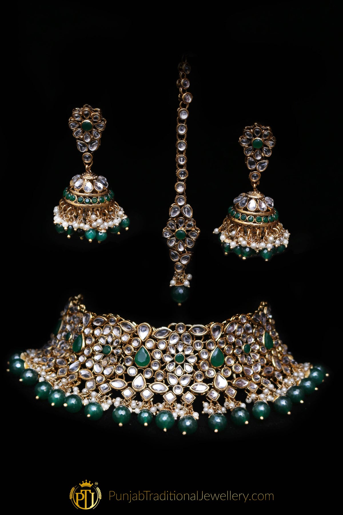 Green Kundan Necklace Set By Punjabi Traditional Jewellery