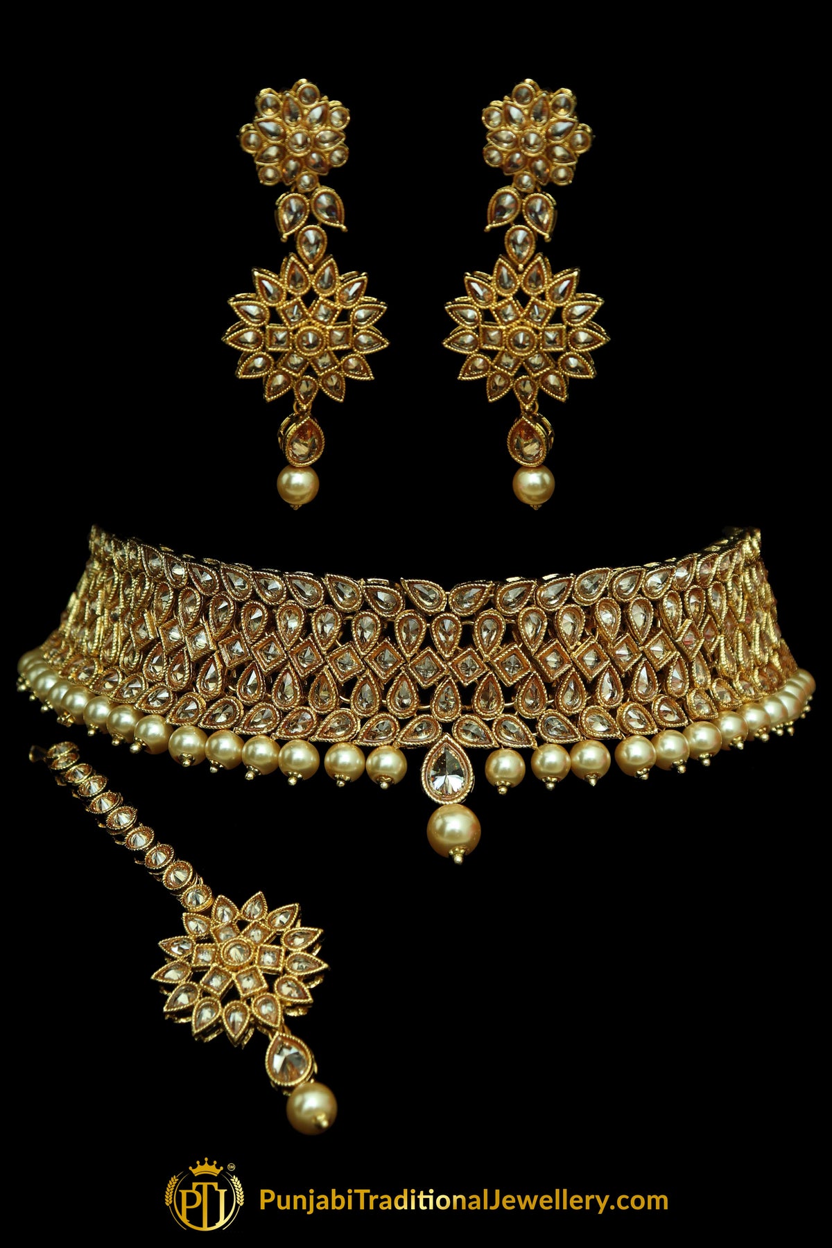 Champagne Stone Pearl Choker Necklace Set By Punjabi Taditional Jewellery