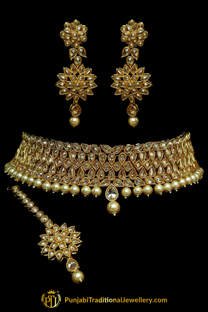 Champagne Stone Pearl Choker Necklace Set By Punjabi Taditional Jewellery