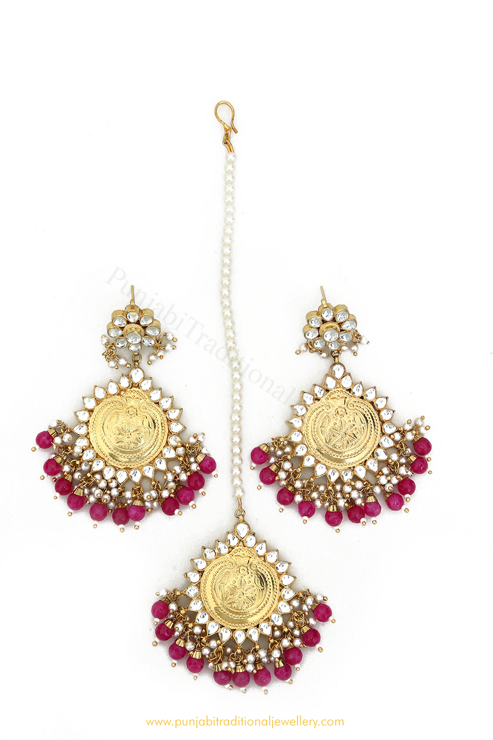 Gold Finished HotPink Kundan Earring Tikka Set By PTJ