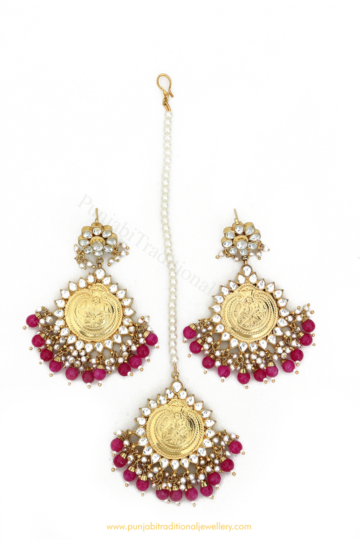 Gold Finished HotPink Kundan Earring Tikka Set By PTJ