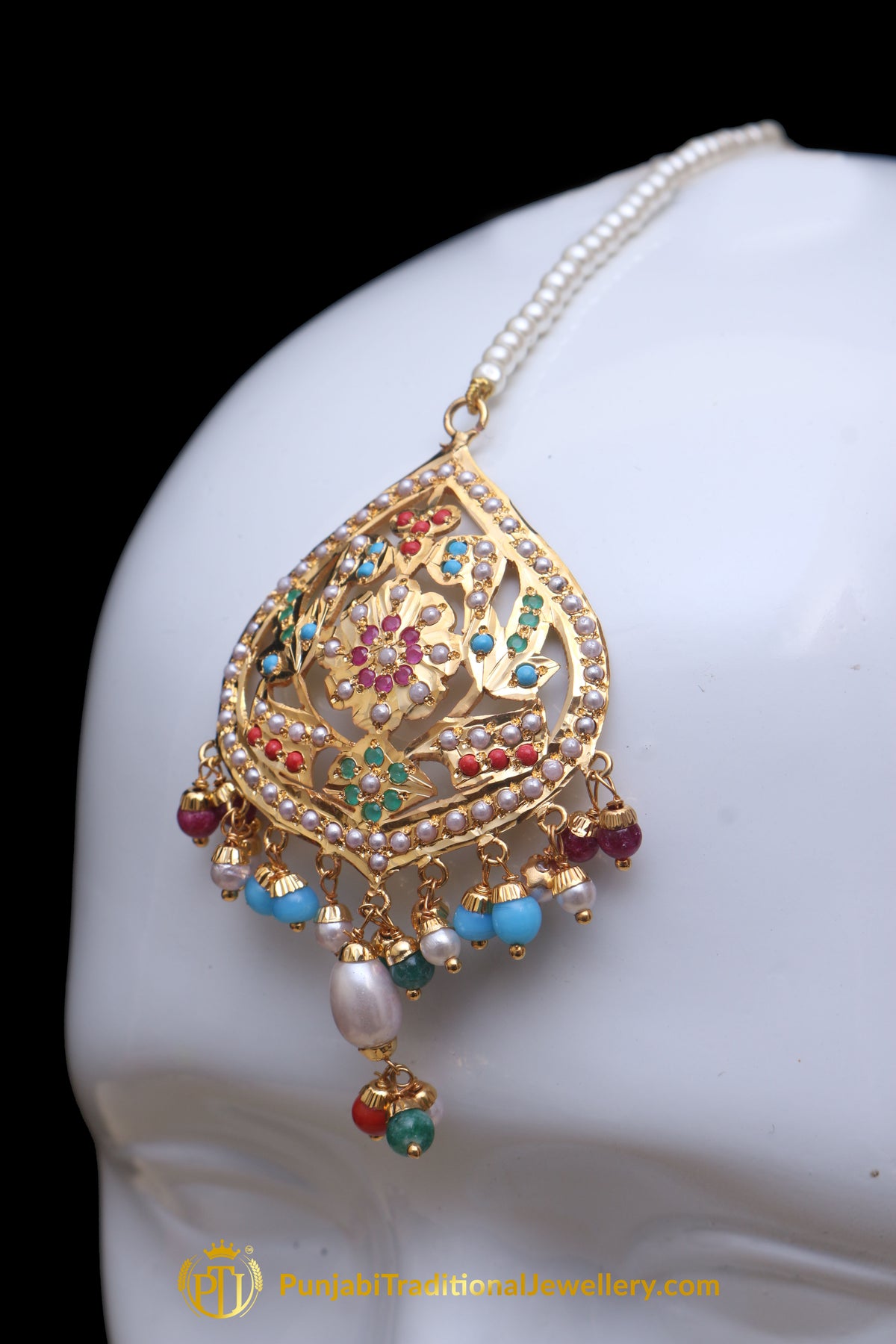 Multi Jadau Pearl Earring Tikka Set By Punjabi Traditional Jewellery
