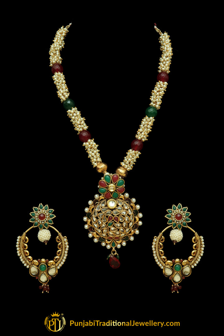 Rubby Panna Pearl Jodha Mala Necklace Set By Punjabi Traditional Jewellery