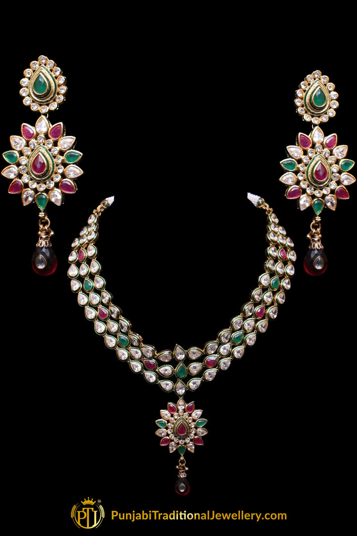 Green Red Meena Kundan Necklace Set By Punjabi Traditional Jewellery