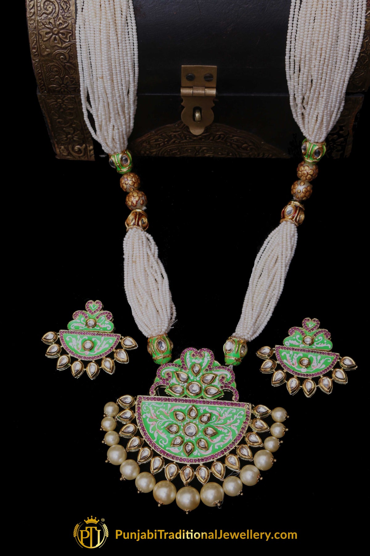 Green Kundan Mala Meena Necklace Set By Punjabi Traditional Jewellery