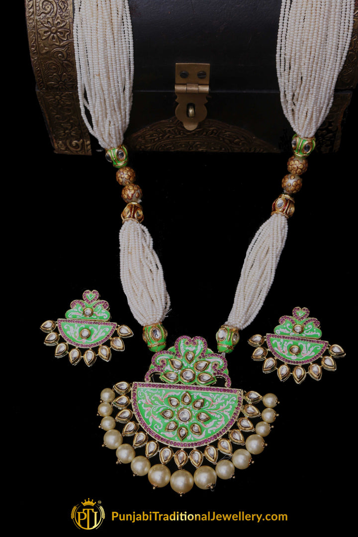 Green Kundan Mala Meena Necklace Set By Punjabi Traditional Jewellery