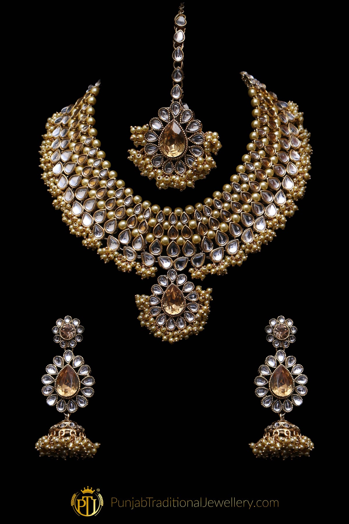 Golden Kundan Necklace Set By Punjabi Traditional Jewellery