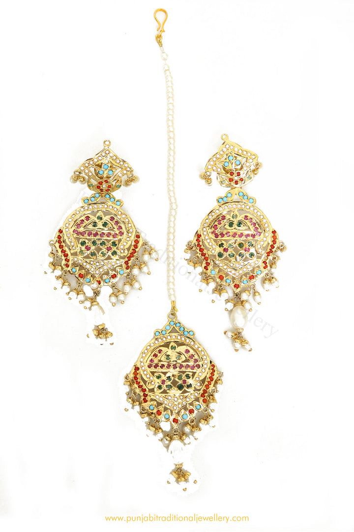 Gold Finished Navratan Jadau Earring Tikka Set By PTJ