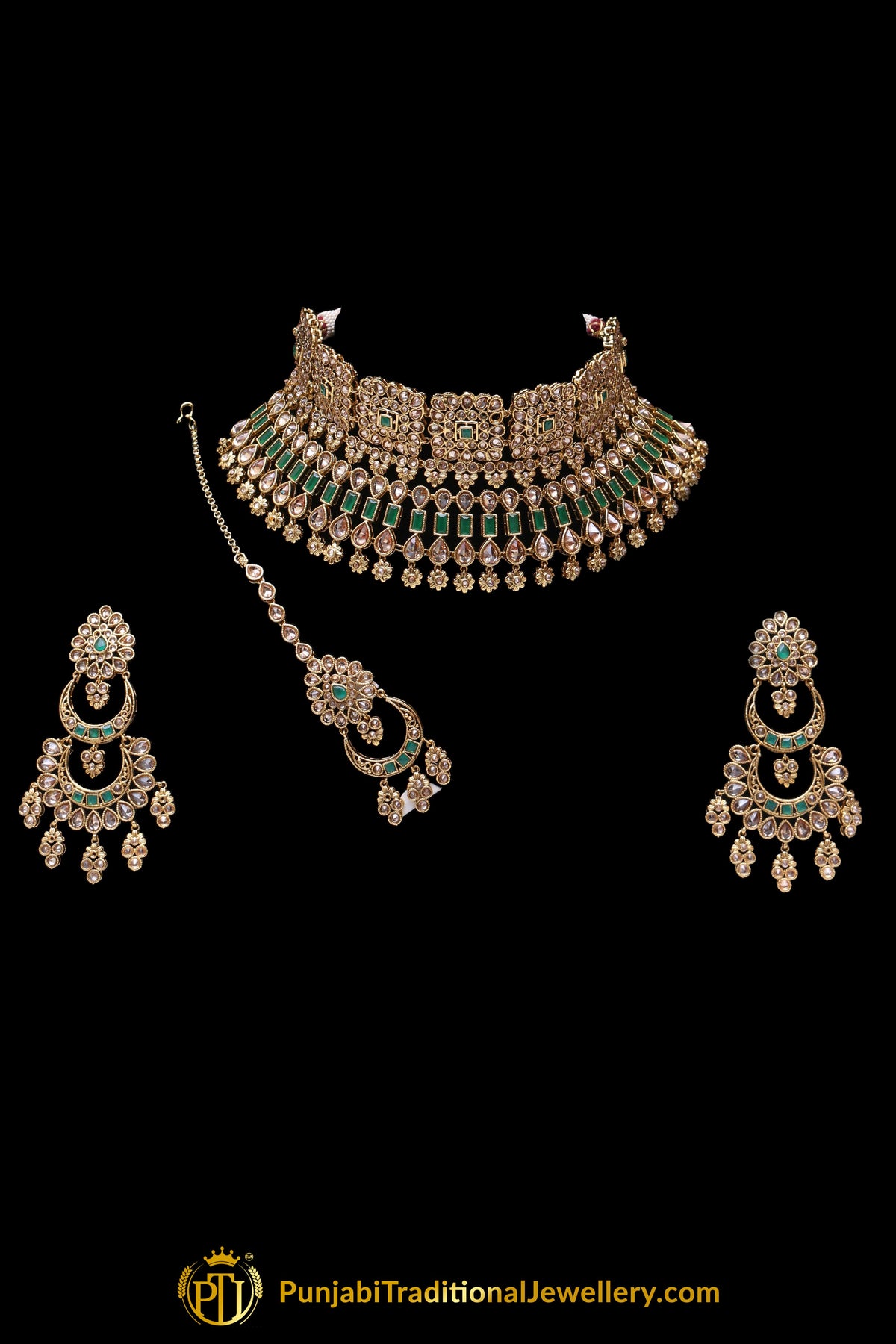 Green Champagne Stone Choker Necklace Set By Punjabi Traditional Jewellery
