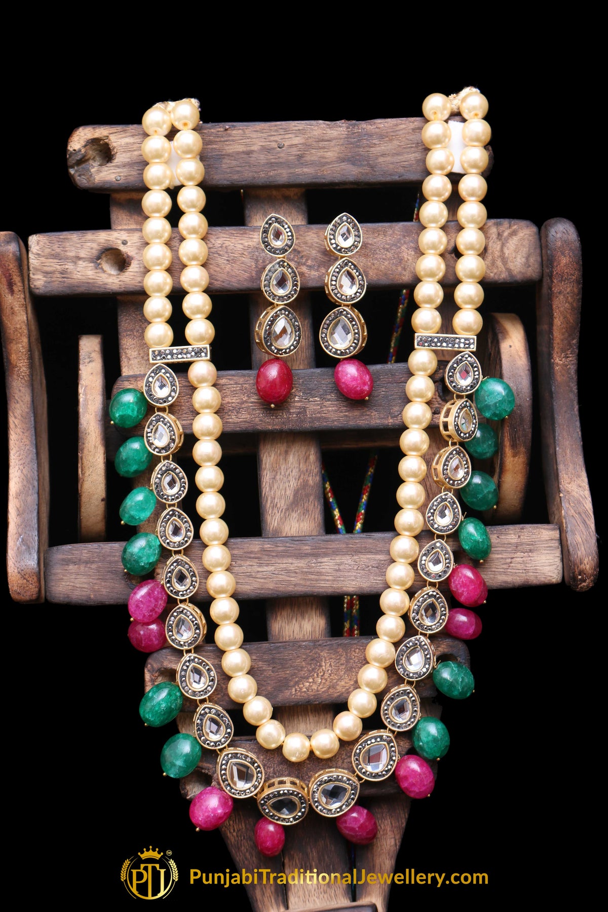 Green Red Polki Pearl Necklace Set By Punjabi Traditional Jewellery